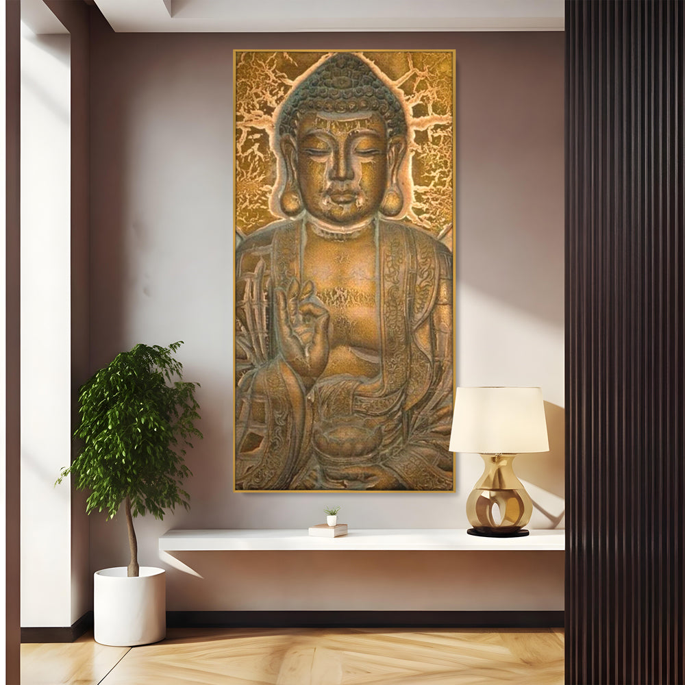 Tablou canvas cu tablou canvas cu figura lui buddha, in rama de aluminiu auriu